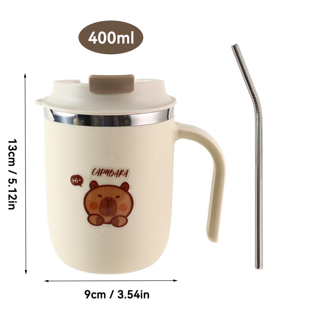 Portable Capybara Coffee Mug With Straw&Handle 304 Stainless Steel Sealed Double Walled Water Cup Reusable Drinking Cup
