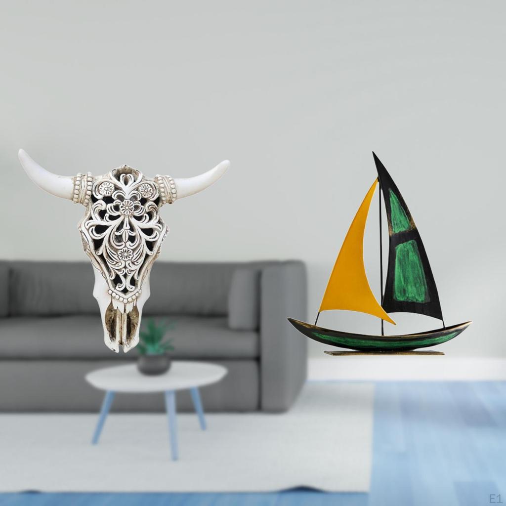 Tribal Bull Head Wall Hanging Art And Iron Sailboat Sculpture Tabletop Ornament for Office Farmhouse