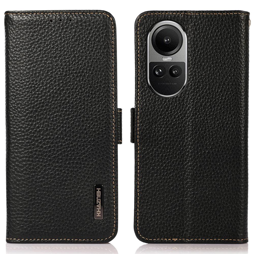 

KHAZNEH For Oppo Reno10 Pro 5G (Global)/Reno10 5G (Global) RFID Blocking Genuine Cow Leather Phone Case Stand Wallet Litchi Texture Cover Black
