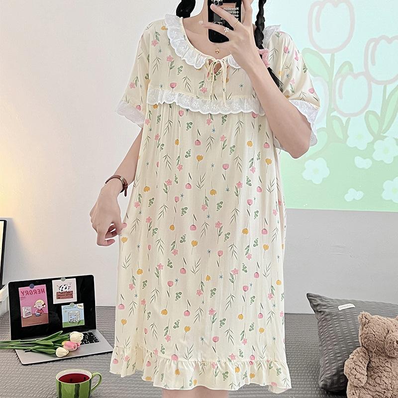 Cotton silk loungewear round neck printed short-sleeved nightdress women's summer thin dress girl student clothing artificial cotton pajamas