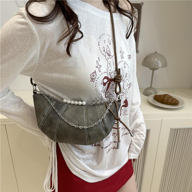 Fashion Trend Pearl Chain Decorative Croissant Popular Solid Color Canvas Shoulder Crossbody Bag Women's Bag