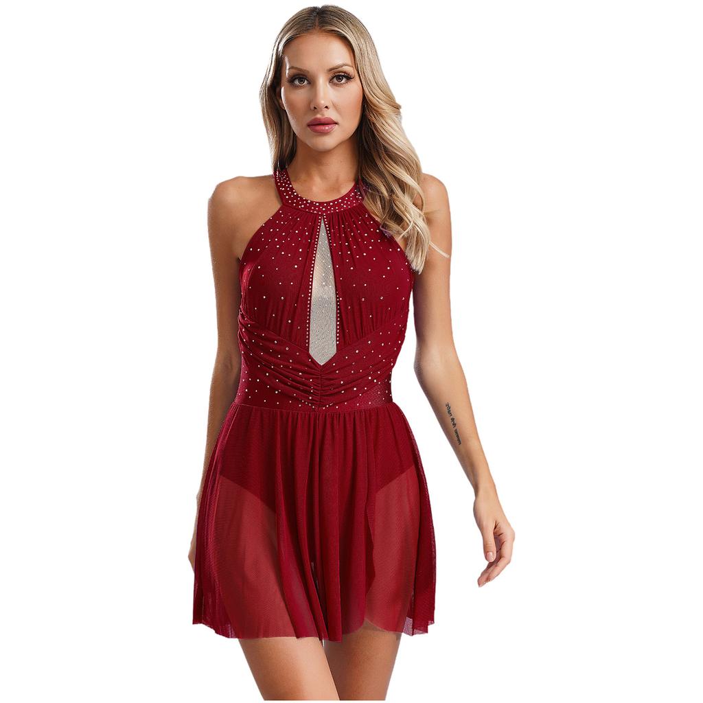 Womens Glittery Rhinestone Figure Skating Costume Ruched Mesh Patchwork Backless Sleeveless Performance Dress