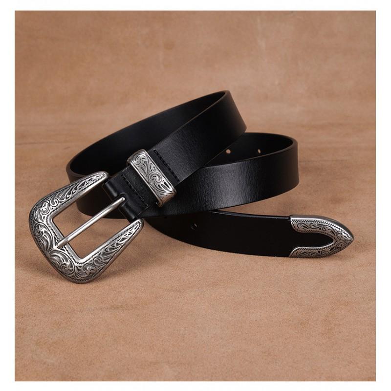 Womens Genuine Leather Belt With Vintage Carved Y2K Rivet Decor Slim Waistband Jeans Blazers