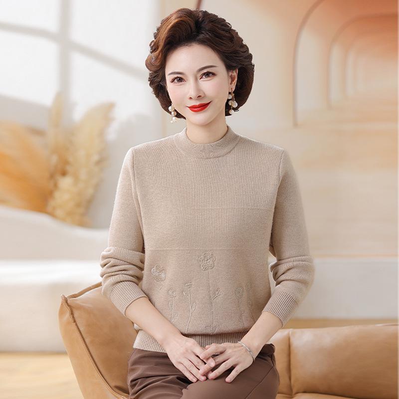 Fleece-Lined Knitted Sweater: Warm Winter Base Layer for Middle-Aged and Elderly Women