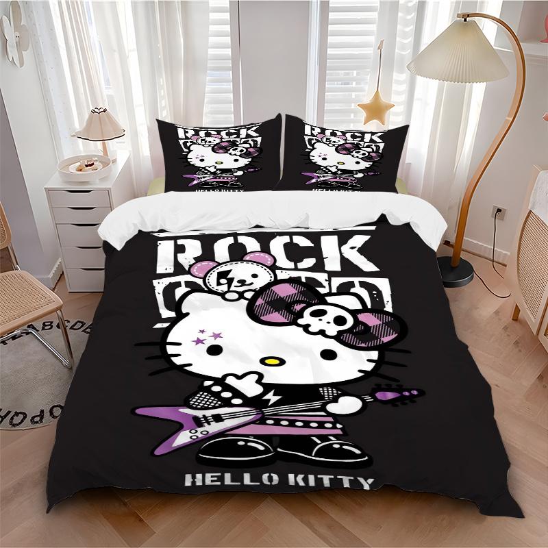 3pcs Cool Rock Hello Kitty Pattern Bedding Three-Piece Set (1 Cover + 2 Pillowcases, No Fillings), Soft and Comfortable W021