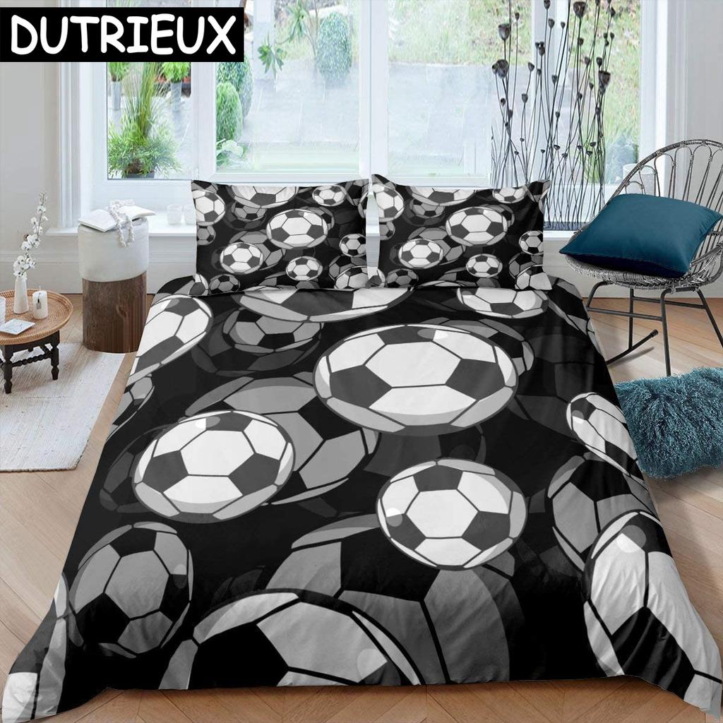 Soccer Duvet Cover Set King Queen Full Size Football Pattern Polyester Comforter Cover For Boys Teens Soccer Lover Bedding Set