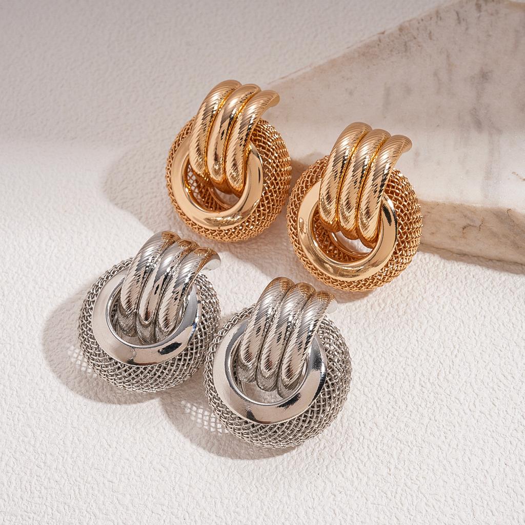 Metallic Multi-layer Hollow Round Mesh Silver Needle Earrings Personality Temperament Fashion Geometric Earrings