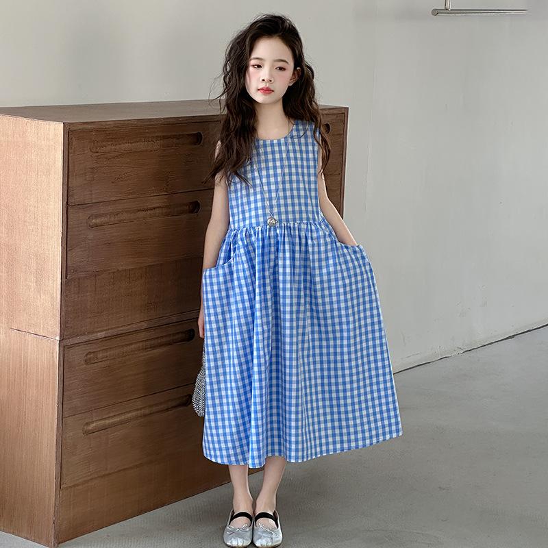 Summer New Style Girls' Sleeveless Plaid Dress, Children's Clothing, Girls' Temperament, Pocket Vest Dress, Trendy and Clear
