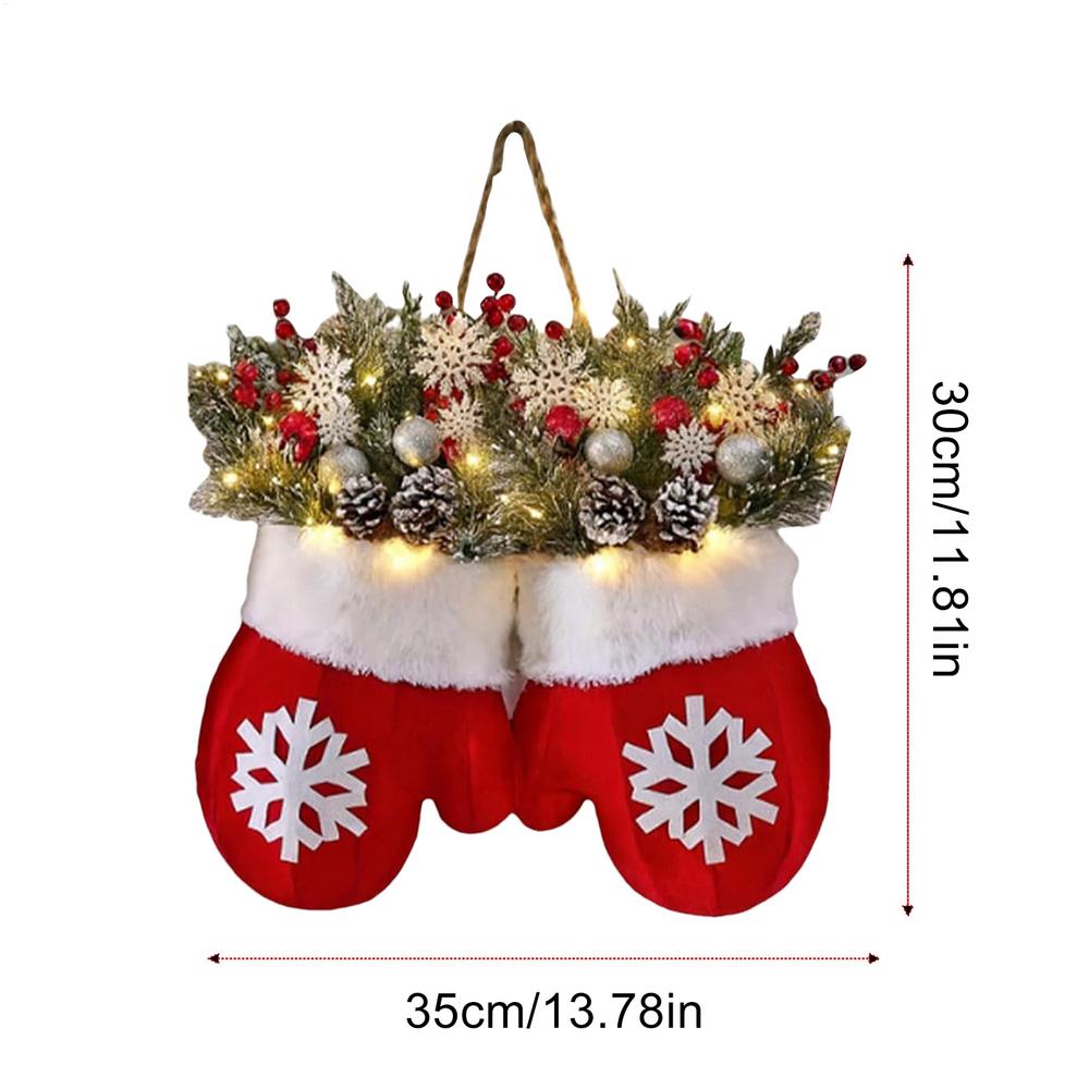 

Christmas Wreath Indoor Mitten Front Door Artificial Garland with LED Lights Holiday Decorations with Red Berries Pine Cones
