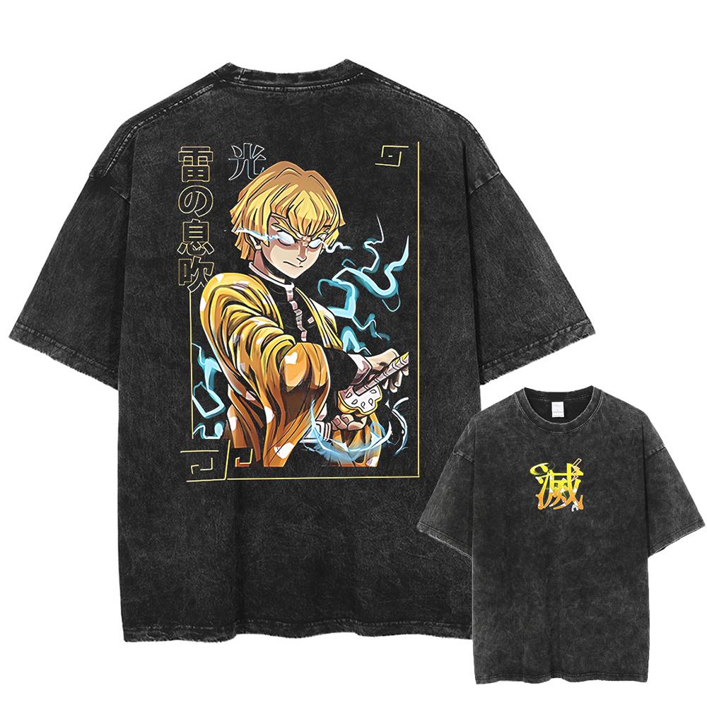 Japan Anime Demon Slayer Agatsuma Zenitsu Print T Shirt Men Washed Cotton T-shirts Manga Casual Tee Harajuku Male Vintage Tshirt