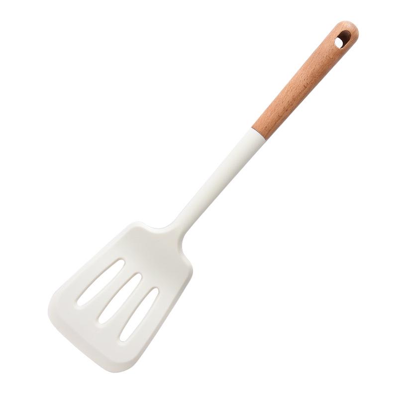 Heat-Resistant Silicone Kitchenware Set: Spatula, Soup Ladle, Slotted Spoon, Rice Spoon, Frying Pan Scraper, Oil Brush, and Flour Grabber.