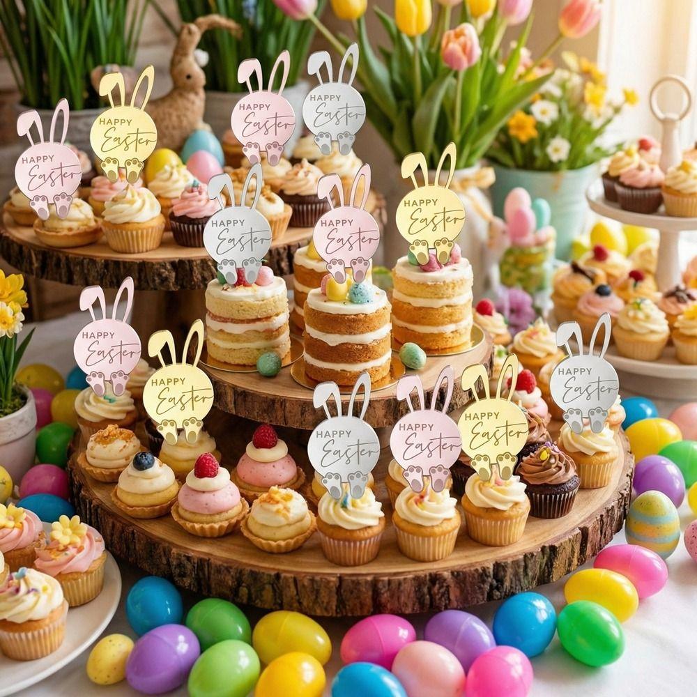6pcs Happy Easter Cupcake Decor Toppers Cartoon Easter Bunny Ornament Bunny Pattern Tags  Gift Tags