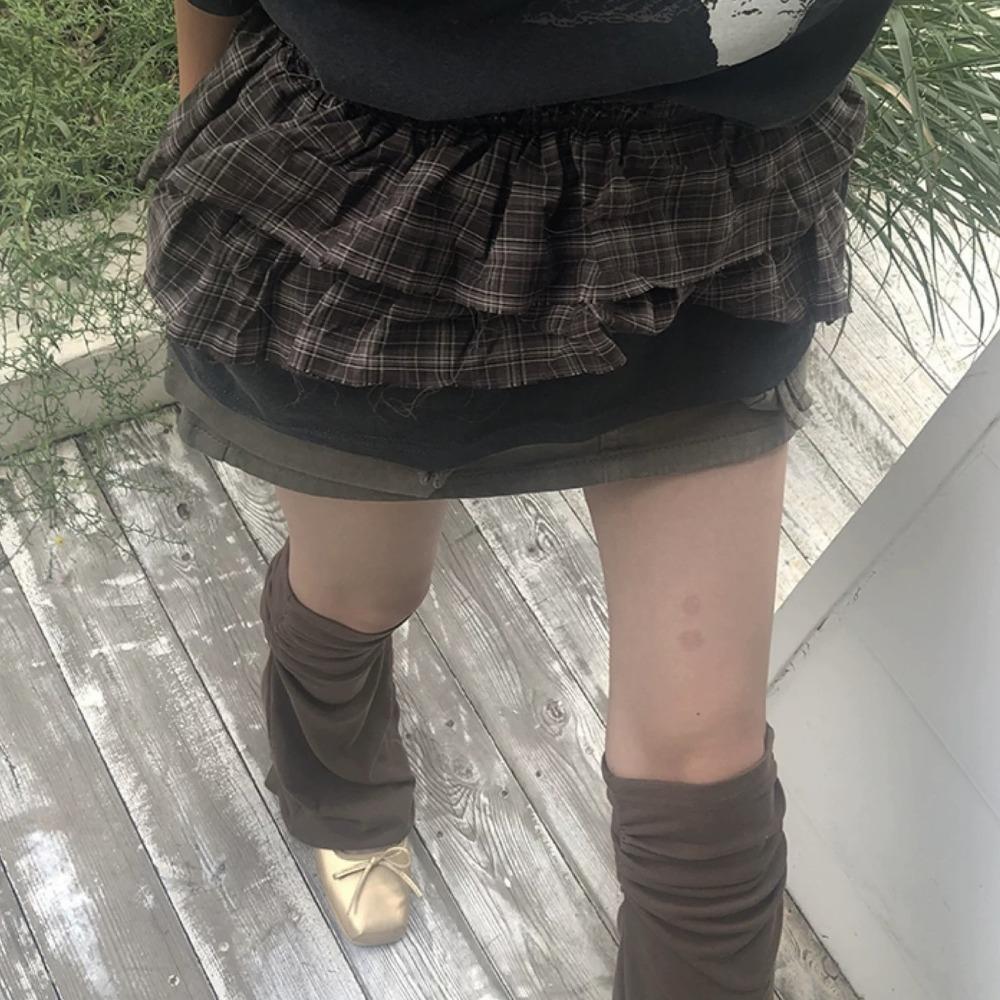 Hip-Hop Layer Outfits Karierter Rock Hemdverlängerer Rüschenrand Bund Jeans Dekoration