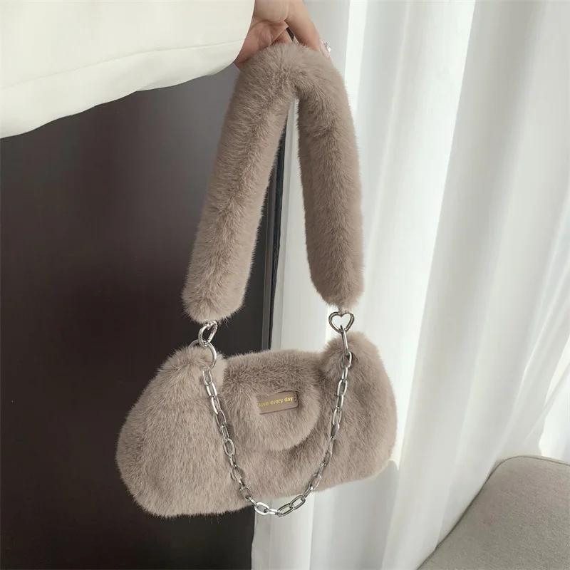 

Fashion Solid Color Fake Fur Women s Shoulder Bag Sweet Luxury Plush Ladies Armpit Bags Simple Chain Female Handbag Purse