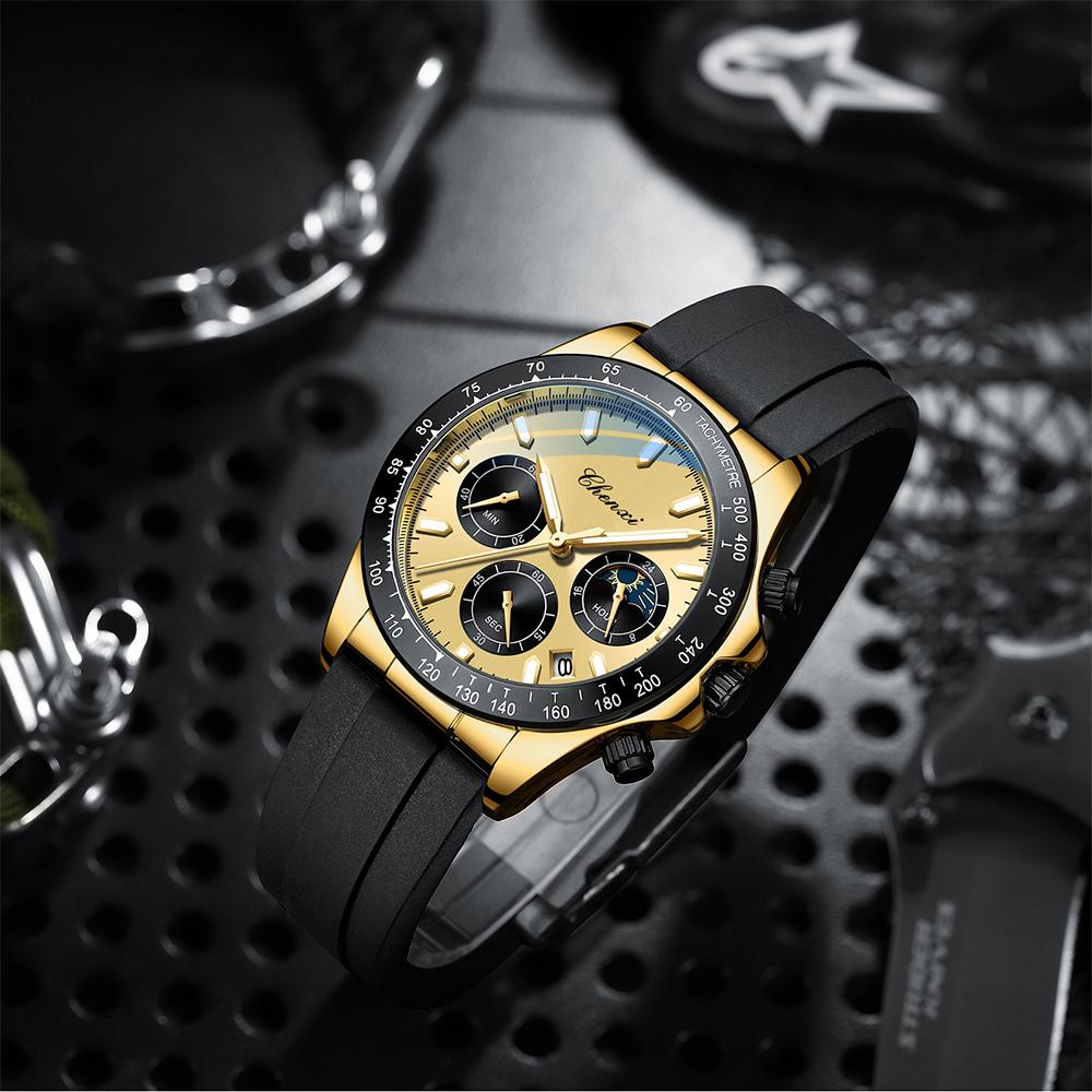 CHENXI Multi-functional Sports Silicone Strap Man Watch Moon Phase Waterproof Chronograph Business Casual Quartz Men's Watches
