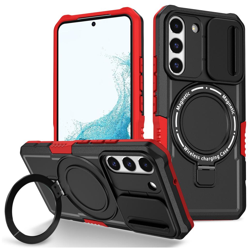 For Samsung Galaxy S22+ 5G Kickstand Case PC+TPU Magnetic Phone Shell with Lens Cover
