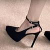 Waterproof Table Black Pointed High Heels Women's 2025 Summer New One-word Buckle Thick-soled Satin Niche Elegant Single Shoes