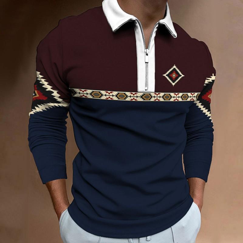 New Men's Cross-border Amazon Zipper Casual Slim Fit Men's Striped Digital Printed Long Sleeved Polo