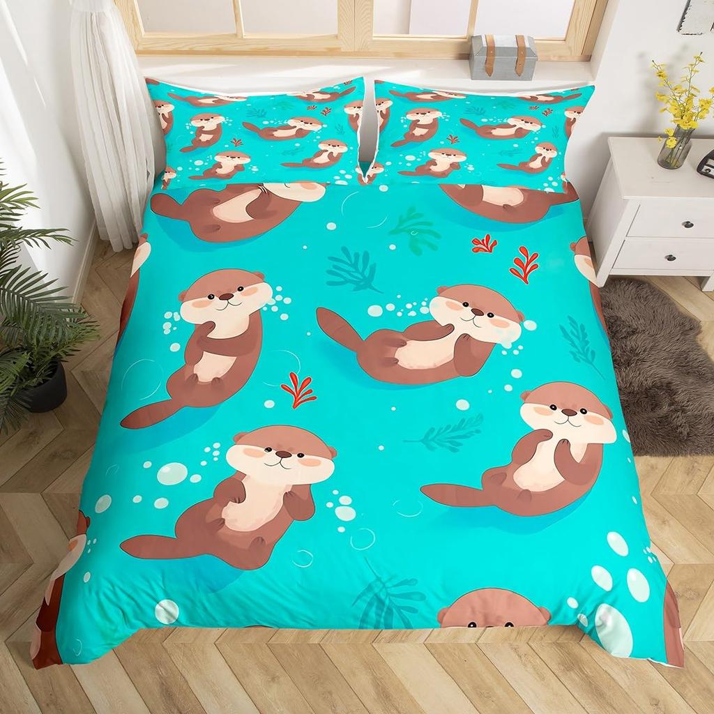 Sea Otter Duvet Cover Set Ocean Creature Otter Toddler Soft Polyester Bedding Set Cute Cartoon Animal Print Comforter Cover Sets