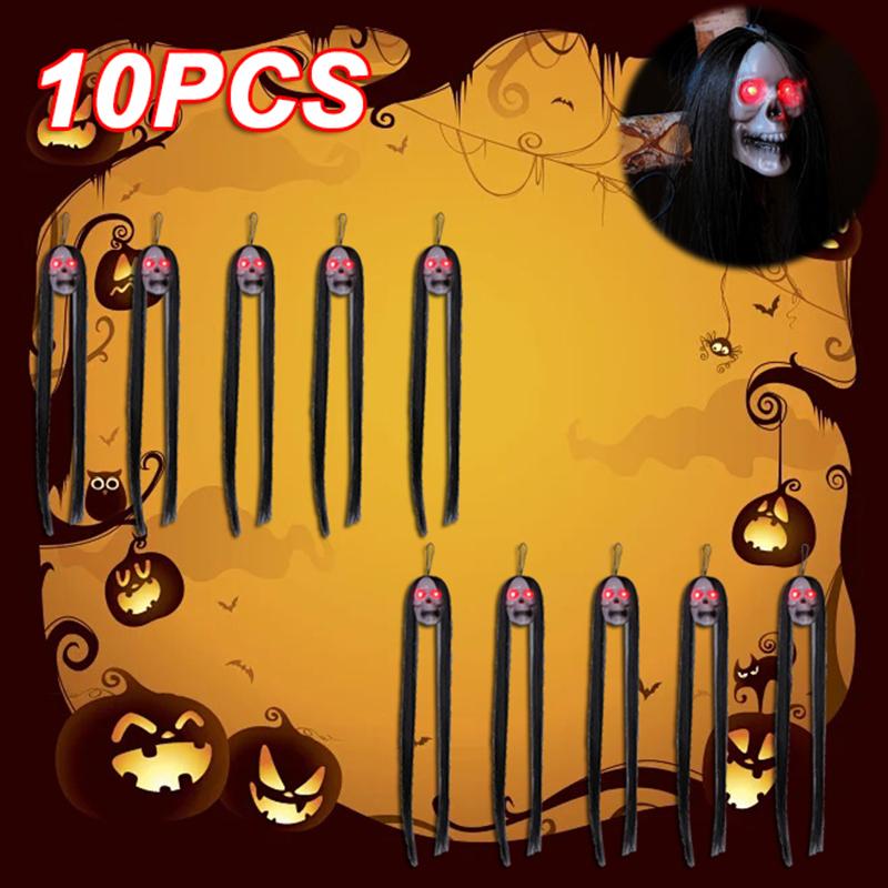 30PCS New Halloween Hanging Long Hair Ghost Skeleton LED Light-emitting Horror Skeleton Ghost Bar Haunted House Decoration Props