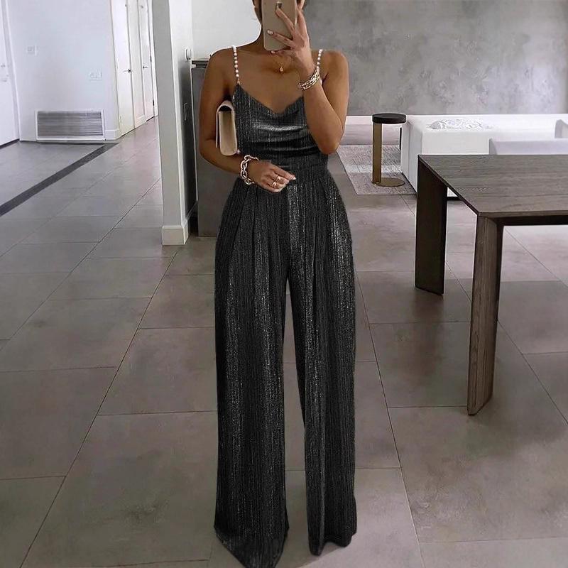 Macacão Elegante Feminino 2025 Primavera/Verão com Alças Finas de Miçangas, Cintura Marcada e Calças Pantalona