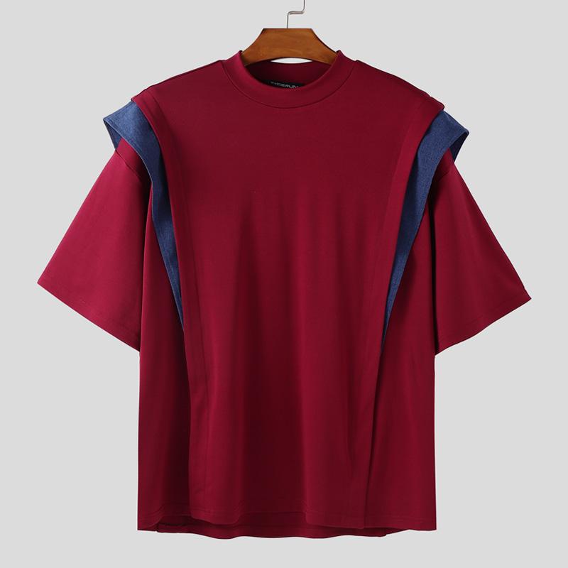 INCERUN Men Round Neck Short Sleeve Patchwork Oversized T-Shirts Tops