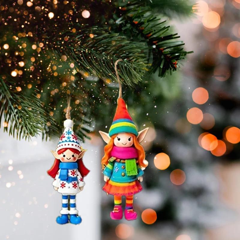 8/16/32Pcs Christmas Wooden Pendants 2D Angel Elf Xmas Hanging Ornament With Rope Christmas Home Decoration Diy Gift Labels