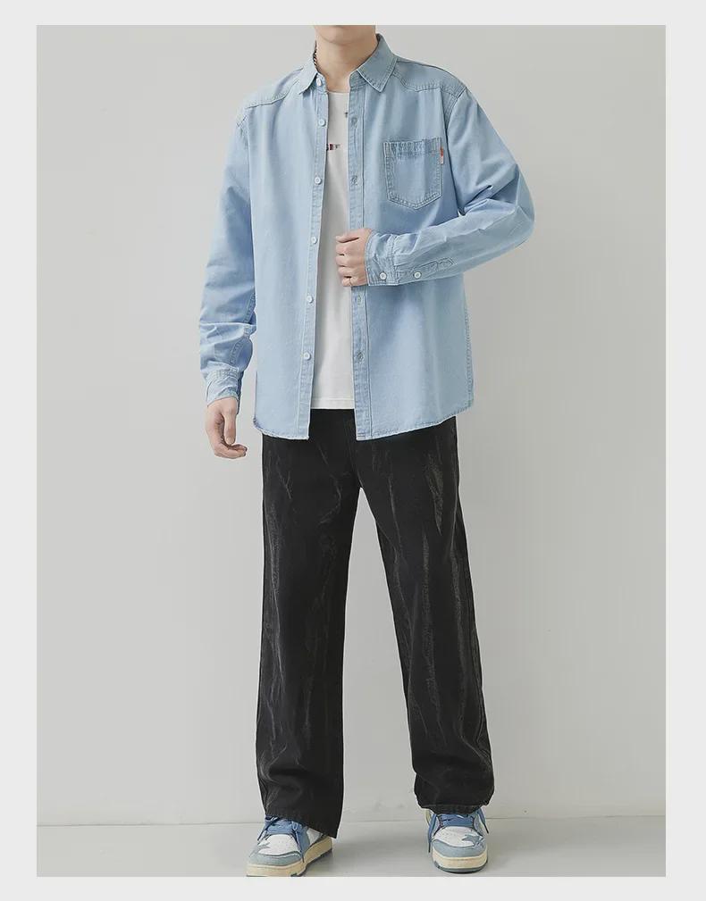 Men's Korean Slim Denim Shirt - Long-Sleeved, Lapel, Retro Style for Spring & Autumn