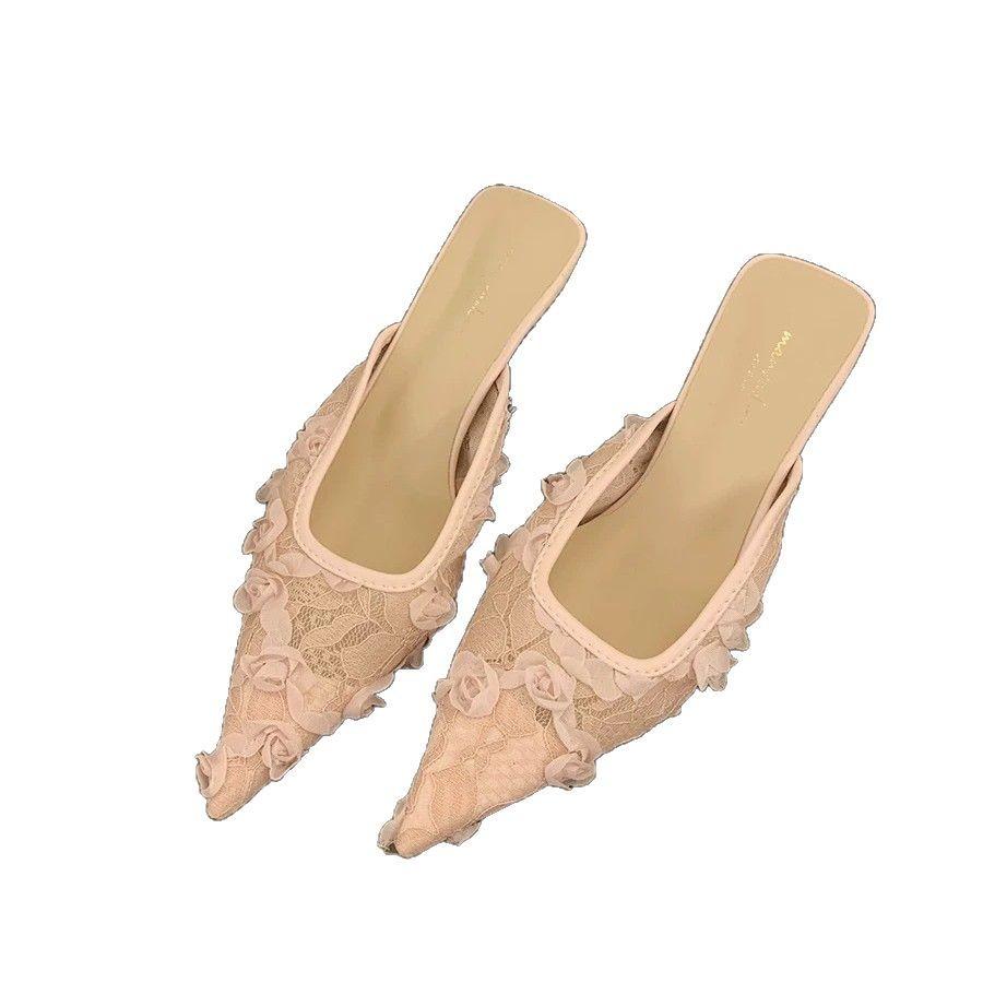 Fashion Spring Summer Pointed Toe Women Muels Slippers Fashion High Heels Party Dress Ladies Flower Slides Shoes 2025