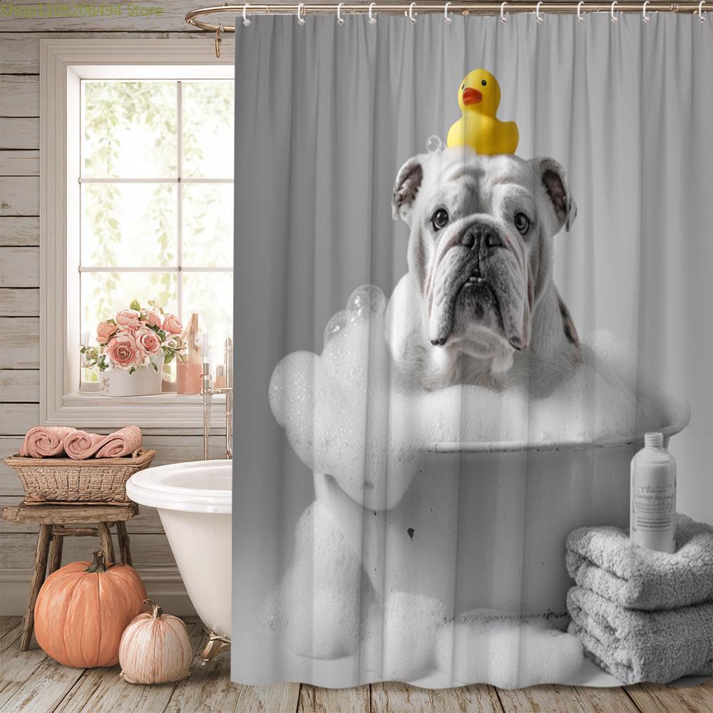 1pc Bulldog in Bathtub Shower Curtain with Rubber Duck - Cute English Bulldog Bath Decor, Polyester Fabric Bathroom Curtain 70