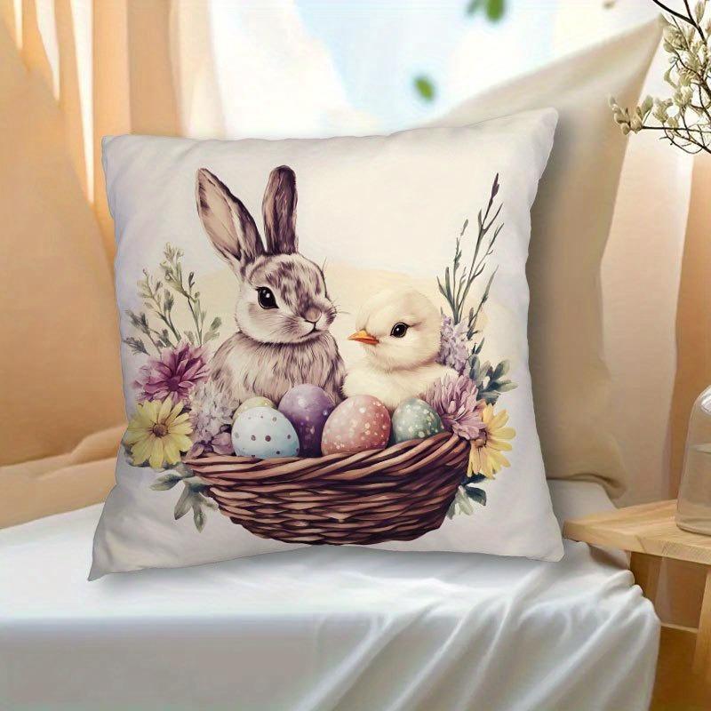 

Easter bunny and egg plush pillowcase - spring floral pattern zipper closure 40x40cm/16x16inch