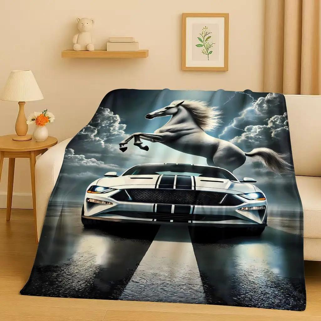 New Mustang Racing Car Logo Flannel Blanket,Ultra Soft Warm Plush Throw for Home Bedroom Bed Sofa Cover Picnic Kids Office