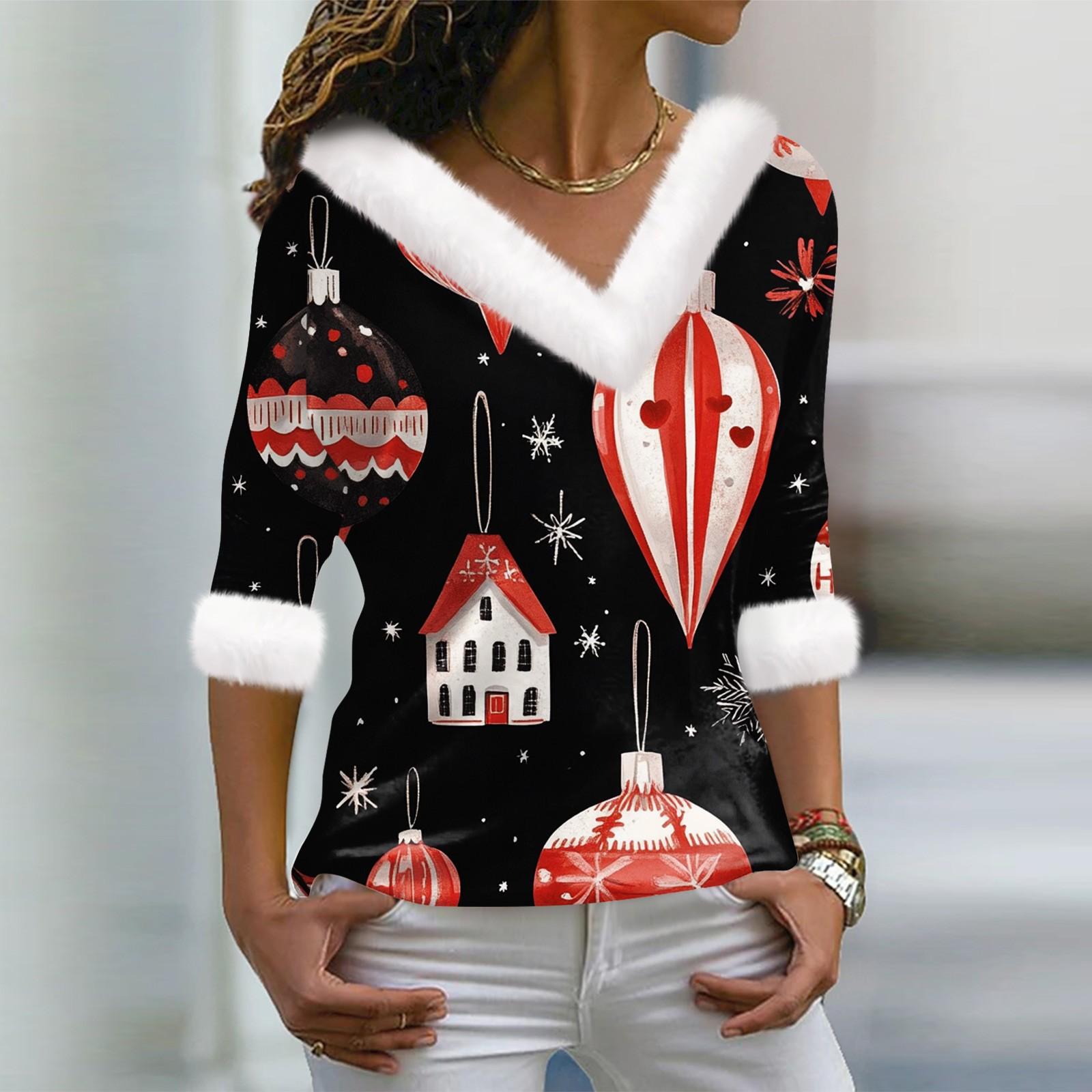 

Женская футболка с рождественским принтом, длинный рукав, флисовый воротник, V-образный вырез, футболка XXXL винный