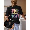 T-shirt casual da donna rosa con scritto "FRIYAY!"" Design con Matite Colorate - Manica Corta, Girocollo, Leggera Miscela di Cotone, Perfetto per Abbigliamento Casual