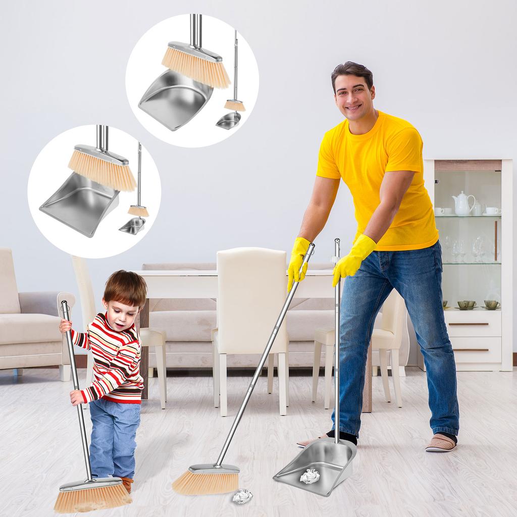 Stainless Steel Broom Dustpan Set Plastic Upright Broom Dustpans with Long Handle Heavy Duty Dustpan Broom Combo Set Portable