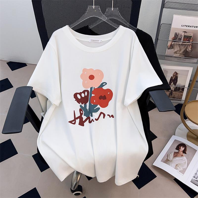 

Plus Size Slimming Mid-Length Short Sleeve T-Shirt for Women—Round Neck, 200/300/350 Jin, Style 661. 7XL чорний