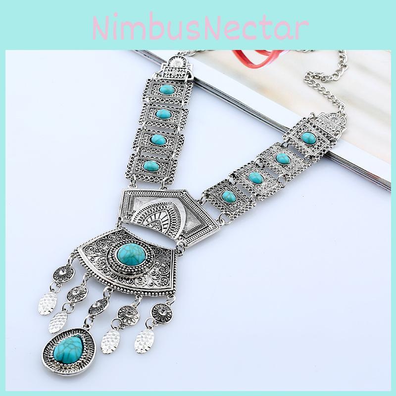 Ethnic Style Simulation Gemstone Decor Women Metal Necklace With Tassel For Daily Fashion Accessory