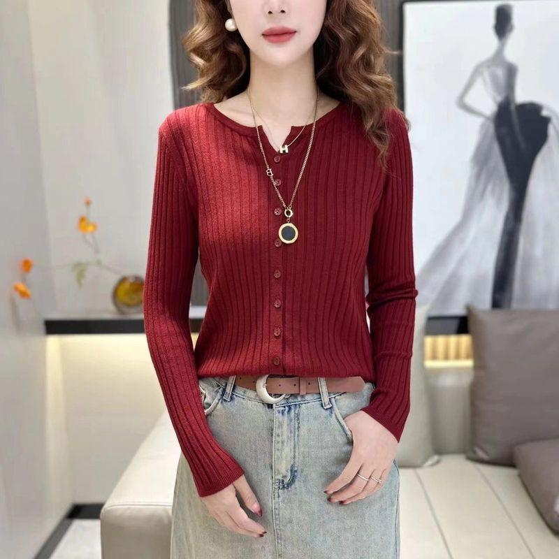 Versatile Korean-Style Ribbed Knit Cardigan - Spring & Autumn Long Sleeve Sweater with Round Neck