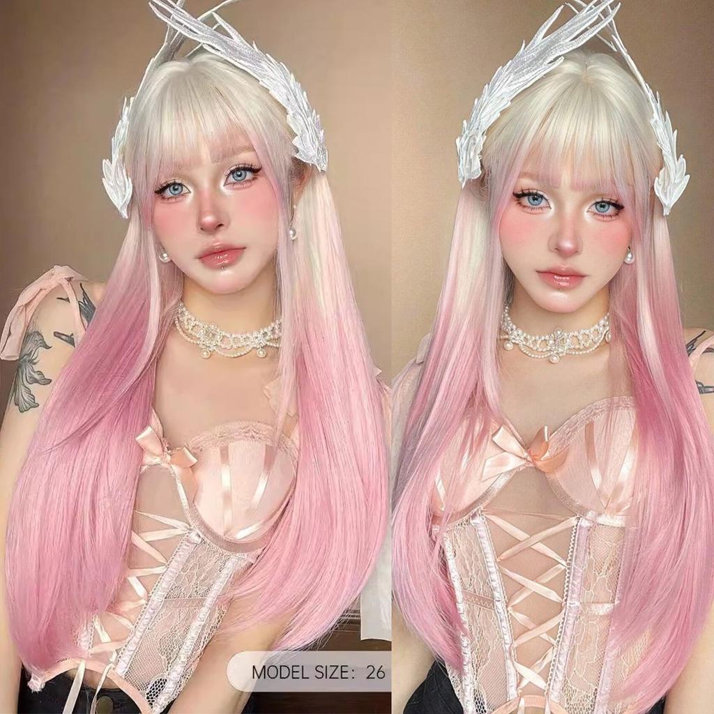Zwarte Highlights Roze Synthetische Pruik met Pony Lange Rechte Zwarte Highlights Rode Pruik Voor Vrouwen Cosplay Feest Kerstpruik 26inch