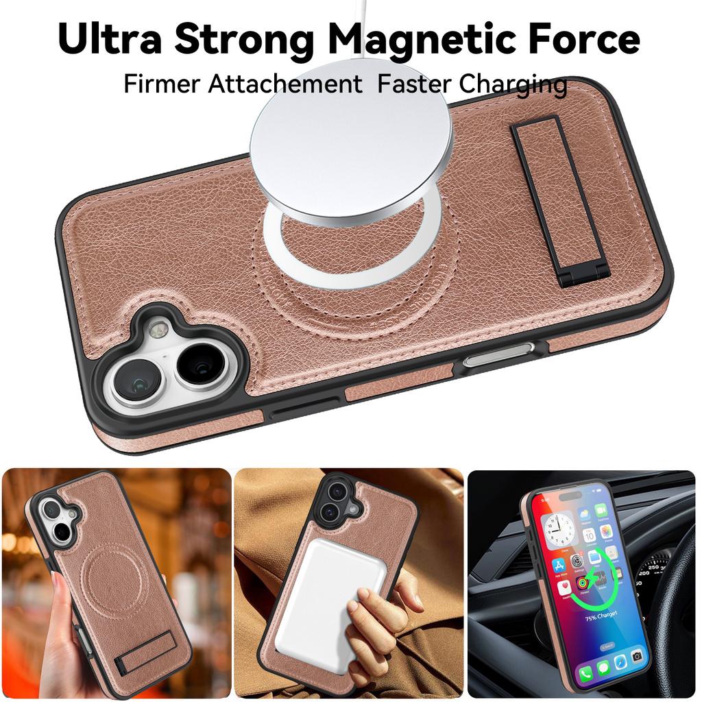 For iPhone 16 Plus Case Compatible with MagSafe with Folded Kickstand PC Silicone Leather Phone Back Cover