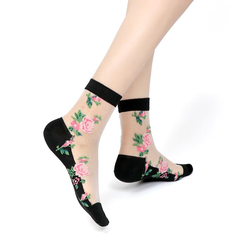 5 Pairs of Ladies Spring and Summer New Style Flowers Sexy Thin Transparent Cotton Bottom Glass Silk In The Tube Socks