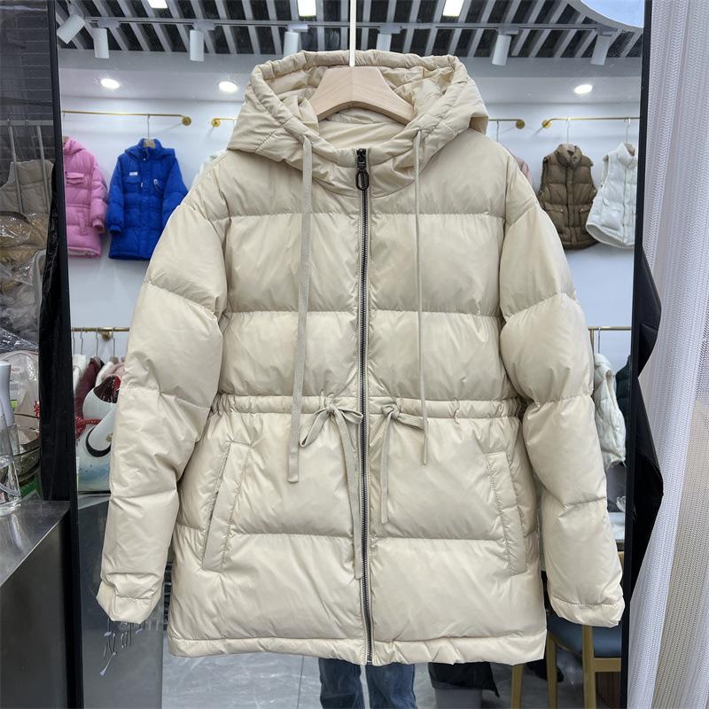 Autumn and Winter Women's Padded and Thickened Outerwear Warm Medium Length Loose Comfortable Zip Paragraph Waisted Tie Hooded Outerwear