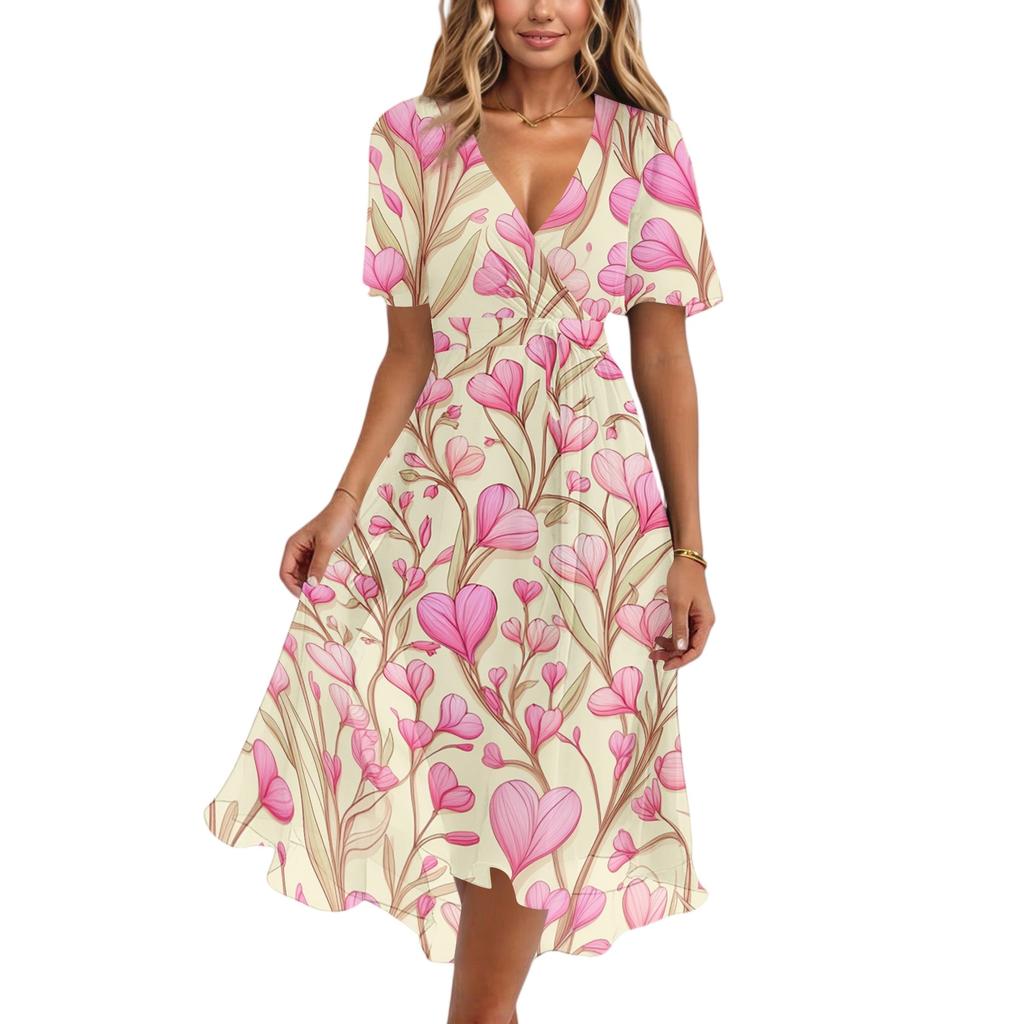 Women's Casual V Neck Short Sleeve Floral Print Dress Midi Length Lightweight Summer Dress with Elastic Waist and Flared Skirt