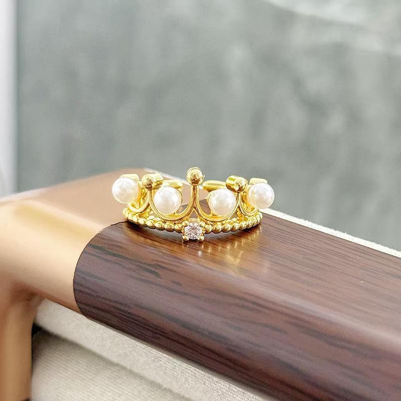 Anel Aberto de Contas de Coroa de Luxo Leve Vintage Medieval Zircônia Requintada Estilo Corte Retrô Francês Anel de Dedo Indicador