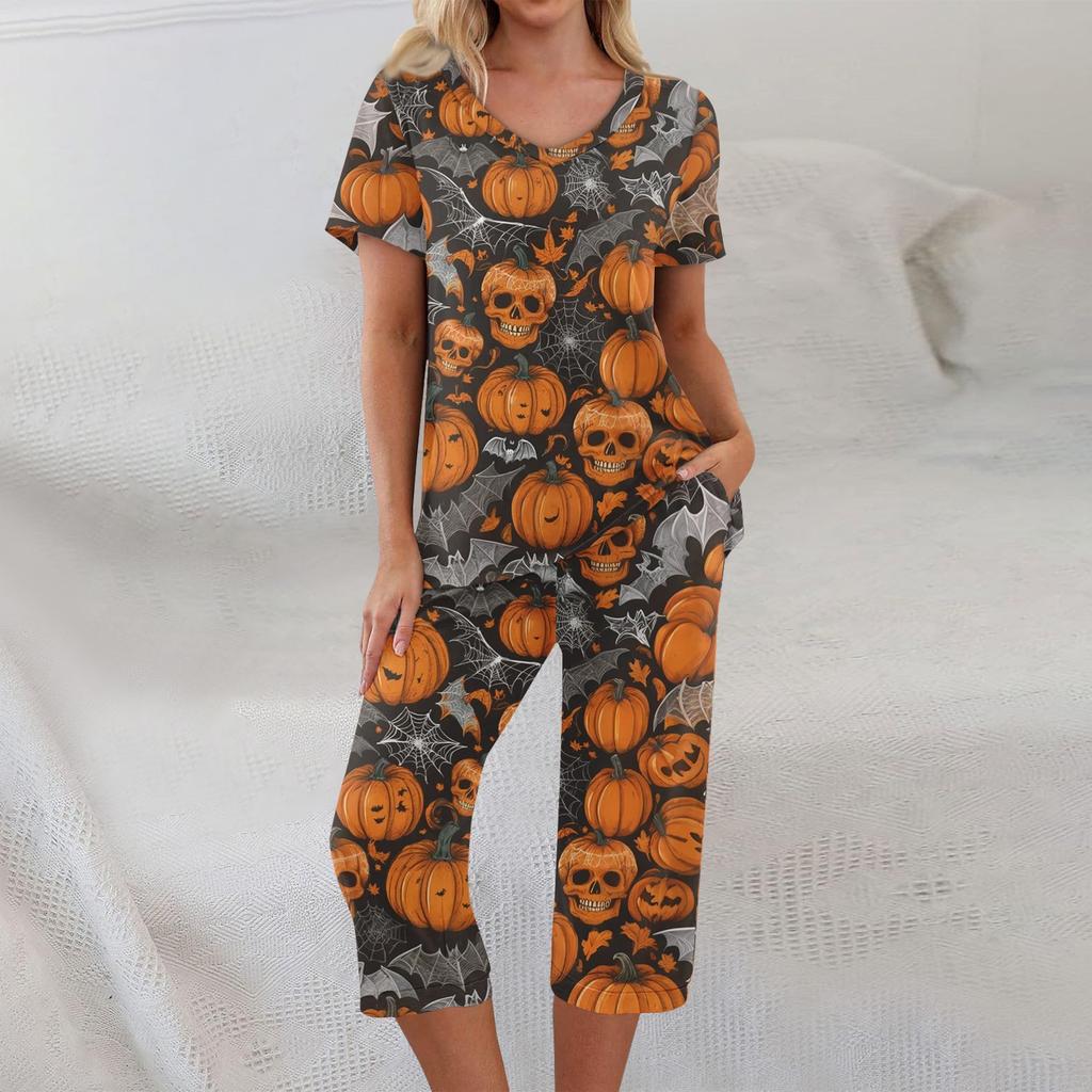 Dvoudílné soupravy pro ženy Krátký rukáv Top a Kalhoty s kapsami Cvičení Měkké Halloweenský potisk Soupravy