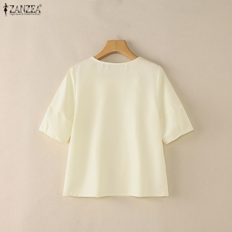 ZANZEA Blusa da donna casual a girocollo, tinta unita, manica corta larga