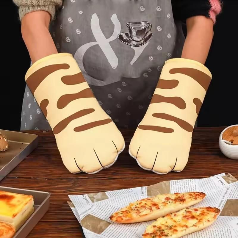 Microwave Long Cotton Gloves Cute Cat Paws Oven Insulation Gloves Heat Resistant Non-Slip Single Glove Kitchen Bakings Supplies