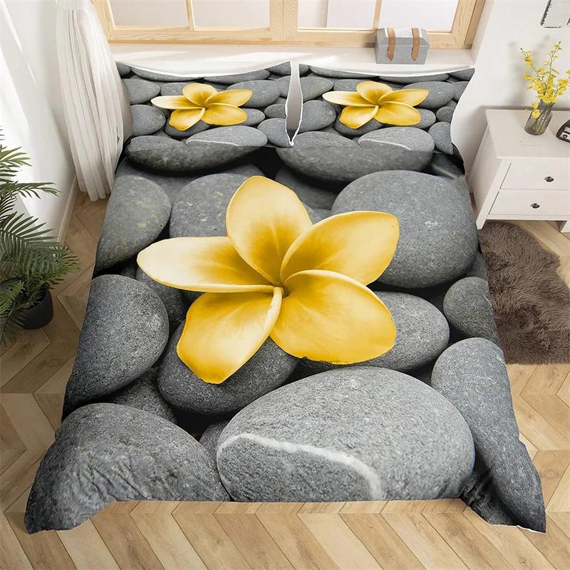 Zen Stones King Duvet Cover Sandy Beach Bedding Set Microfiber Purple Phalaenopsis Comforter Cover Meditation Bedspread Cover