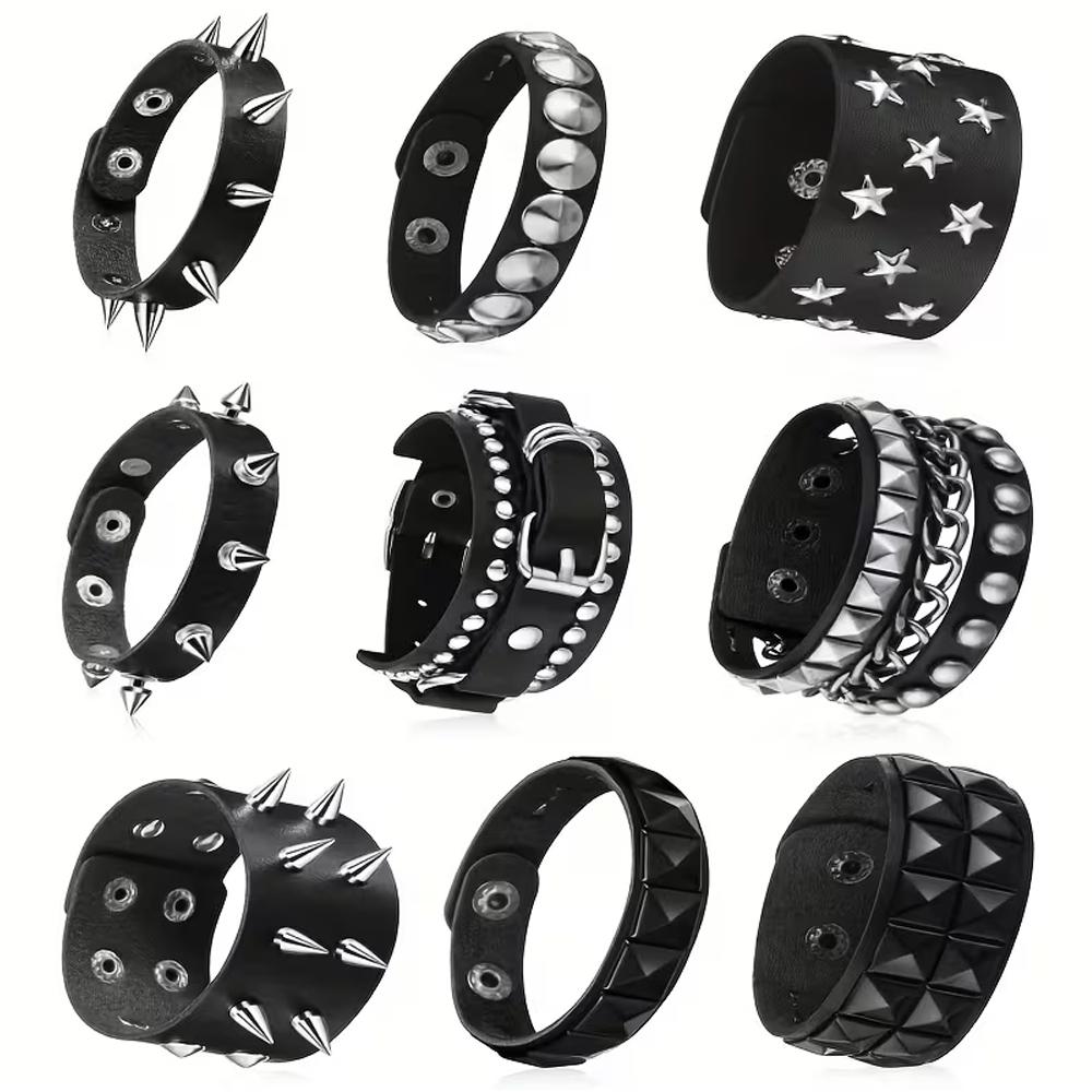 

9Pcs Spiked Studded Bracelet Black Rivet Punk Bracelet Cuff Wrap Bangle Snap Button Metal Wristband For Men Women