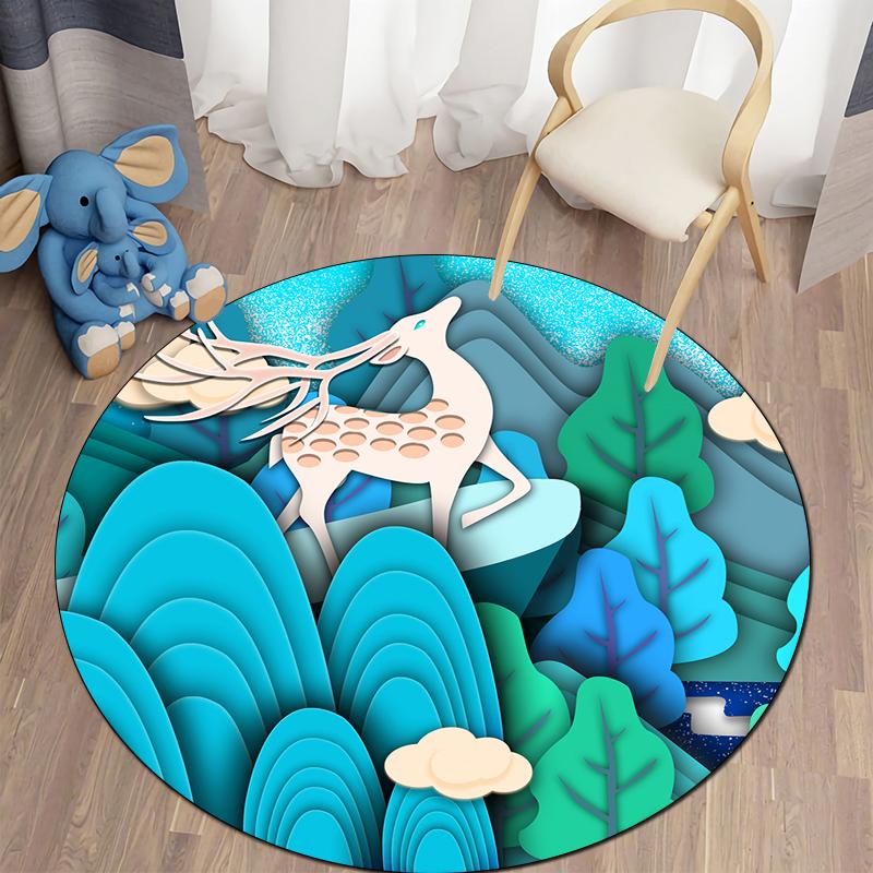 Floor Mat Living Room Rug Children's Crawling Play Area Mat Anime Carpet Door Mat Forest Fawn Round Rug